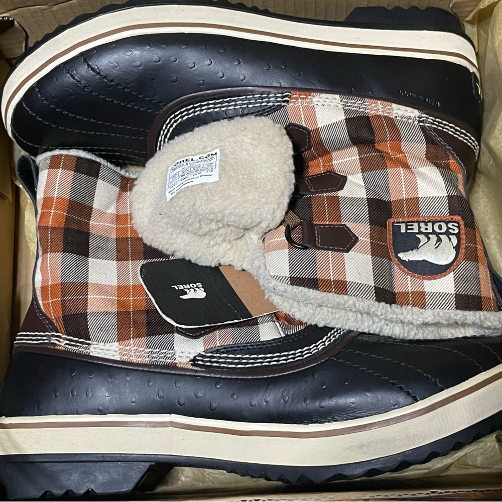 Sorel Black and Orange Plaid Boots